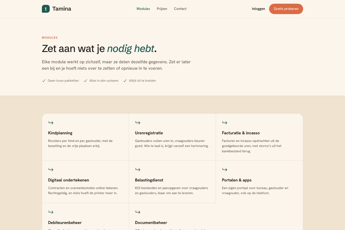 Tamina: overzicht van de modules